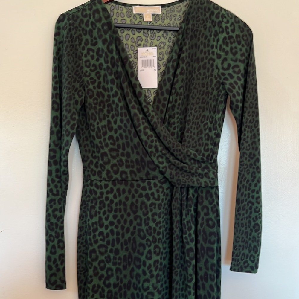 NWT Michael Kors green “moss” leopard print dress. Size S.